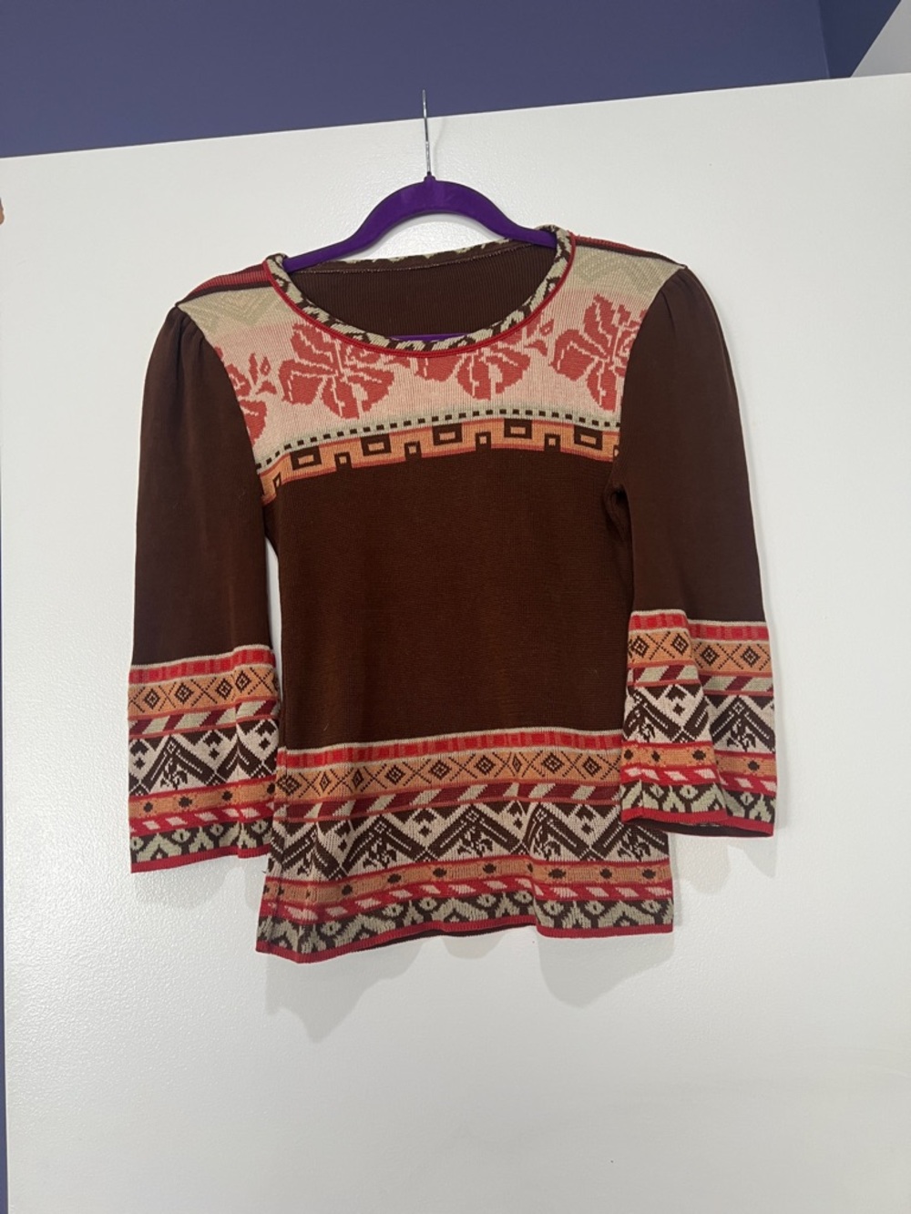 Vintage Brown Knit Top with Orange and Cream Fair Isle Yoke XS